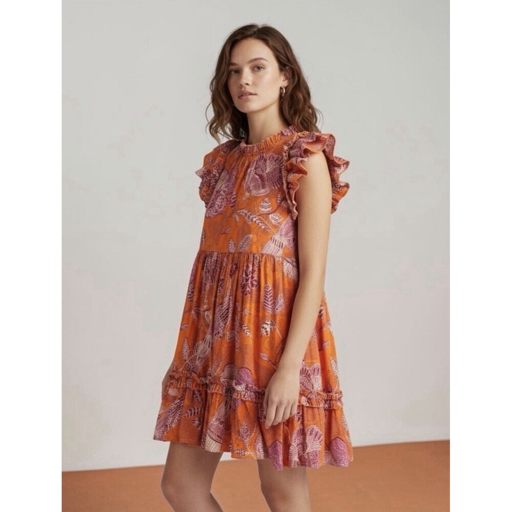 House Of Harlow 1960 Tribal Ruffle Dress M Flutter Sleeve Cotton Boho Festival